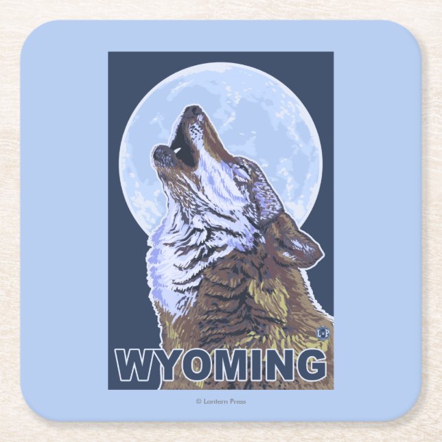 Grey Wolf HowlingWyoming Square Paper Coaster (Front)