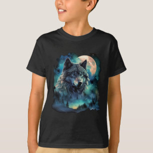 Grey Wolf Hunting Grounds Icy Moon Forest Galaxy  T-Shirt