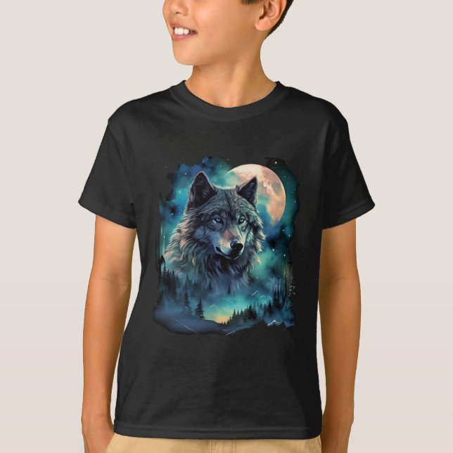 Grey Wolf Hunting Grounds Icy Moon Forest Galaxy  T-Shirt (Front)