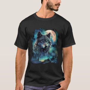 Grey Wolf Hunting Grounds Icy Moon Forest Galaxy T-Shirt