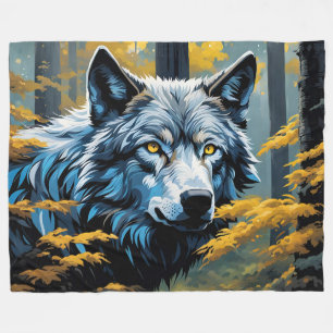 Grey Wolf in Golden Forest Fleece Blanket