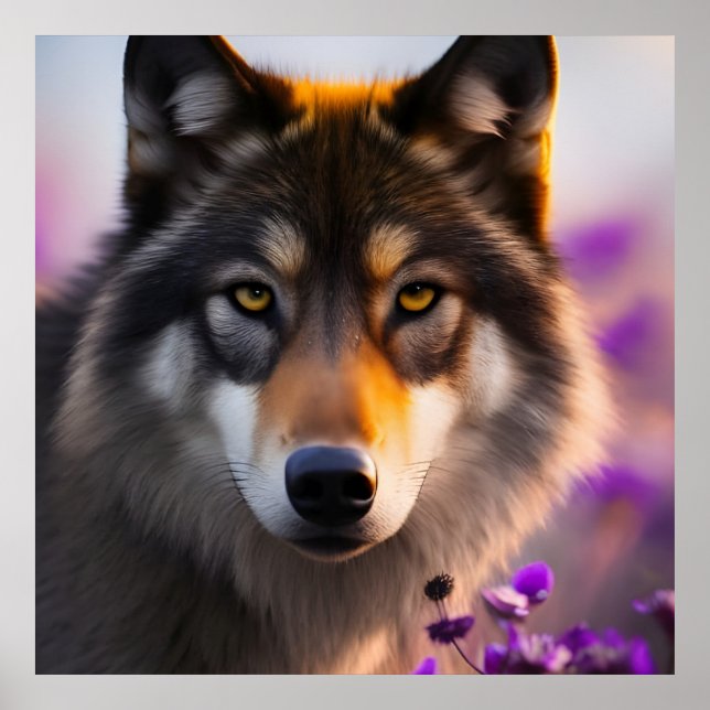 Grey wolf in purple flowers poster (Front)