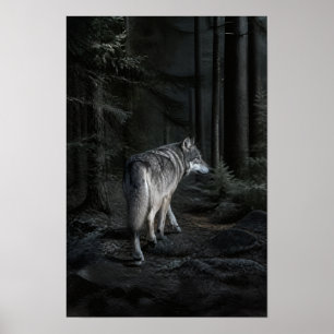Grey Wolf in Shadowy Conifer Forest Wildlife Wall Poster
