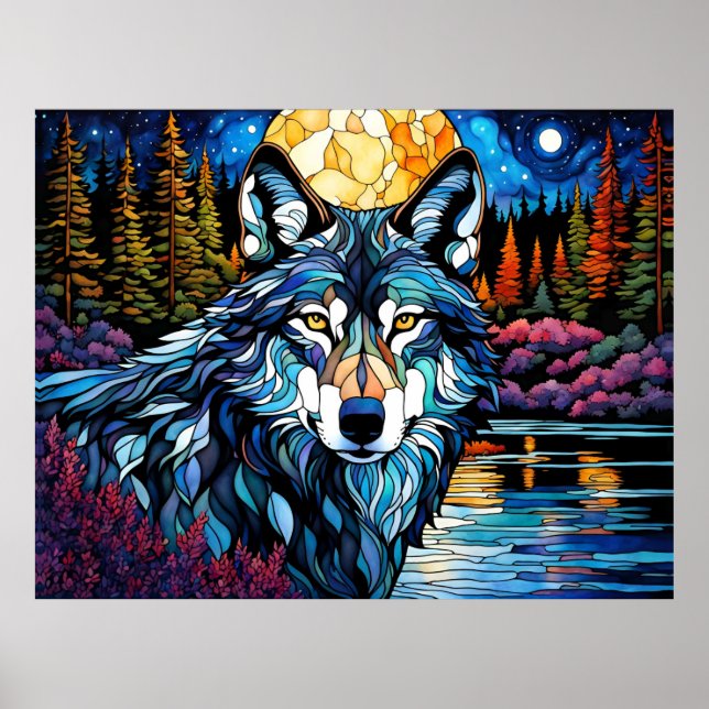 Grey Wolf in the Forest Stained Glass Look Poster (Front)