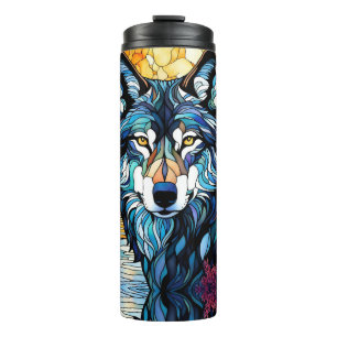 Grey Wolf in the Forest Stained Glass Look Thermal Tumbler