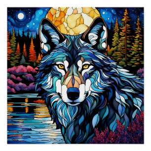 Grey wolf in the forest stained glass poster