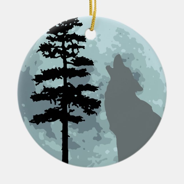 Grey Wolf Moon Ceramic Tree Decoration (Front)