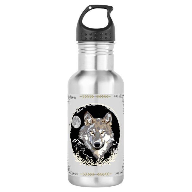 Grey Wolf Moon Mountains Night Sky Water Bottle (Front)