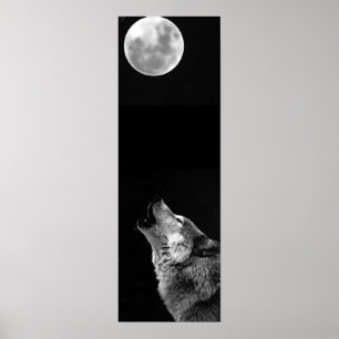 Grey Wolf & Moon Panoramic Poster Print