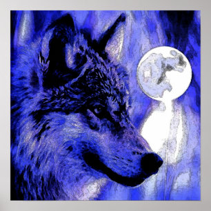 Grey Wolf & Moon Poster Print
