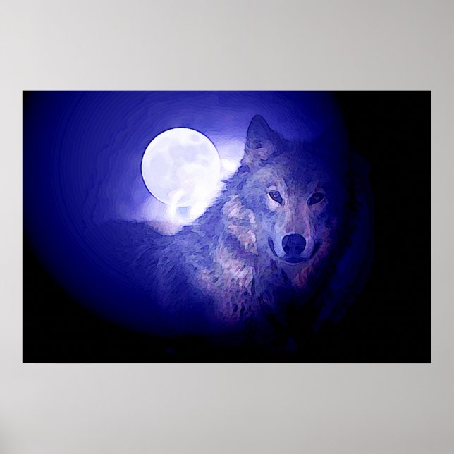 Grey Wolf & Moon Poster Print - Blue Night Wolves (Front)