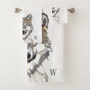 Grey Wolf On Marble Bath Towel Set