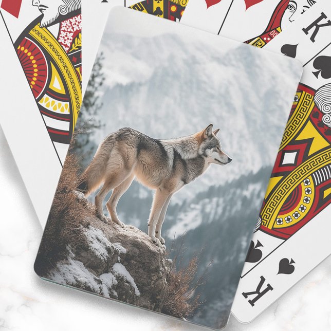 Grey Wolf Photo Mountains Snow Playing Cards (Gray wolf on a snow-covered mountain playing cards)