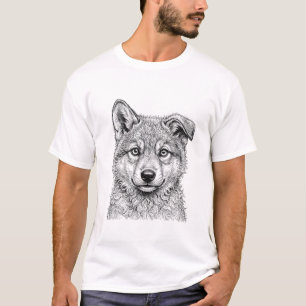 Grey Wolf Pup Print on Black T-Shirt