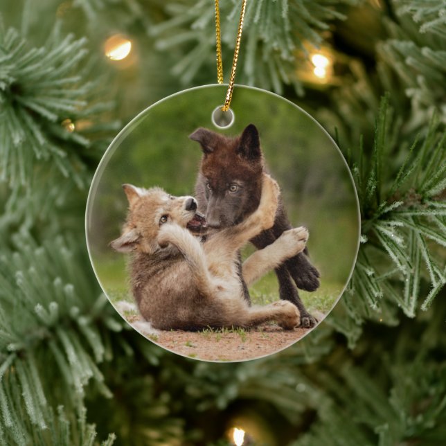 Grey Wolf Pups Wrestling Ceramic Tree Decoration (Tree)
