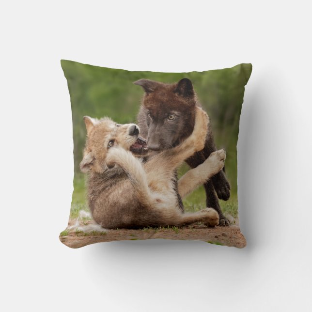 Grey Wolf Pups Wrestling Cushion (Front)