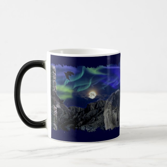 Grey Wolf, Ravens & Aurora & Totem Wildlife Mug (Left)