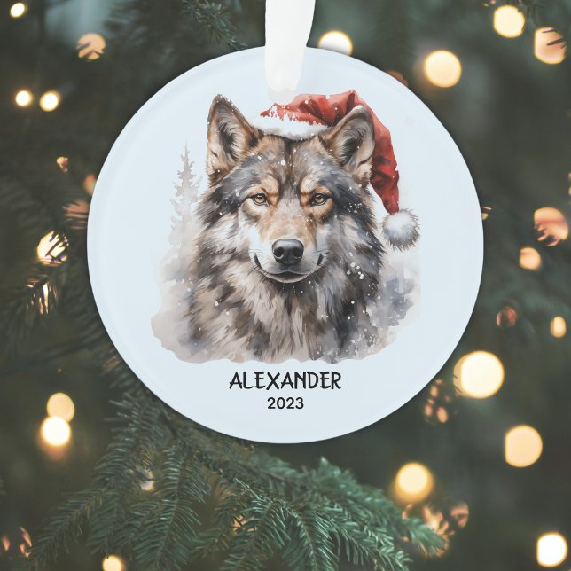 Grey Wolf Santa Hat Personalised Christmas Ornament (Add Name & Year to Personalize, or add other text.  Delete sample text if not required.)
