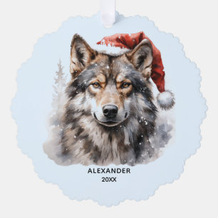 Grey Wolf Santa Hat Personalised Christmas Tree Decoration Card