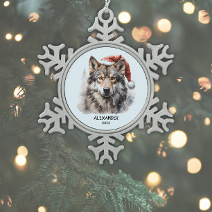 Grey Wolf Santa Hat Personalised Snowflake Pewter Christmas Ornament