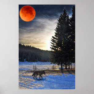 Grey Wolf, Snow, Blood Moon & Lake Wildlife Art Poster