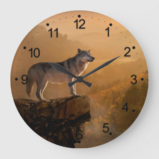 Grey wolf standing on a rock in the forest large clock