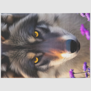 Grey Wolf Stare and Purple flowers Tissue Paper
