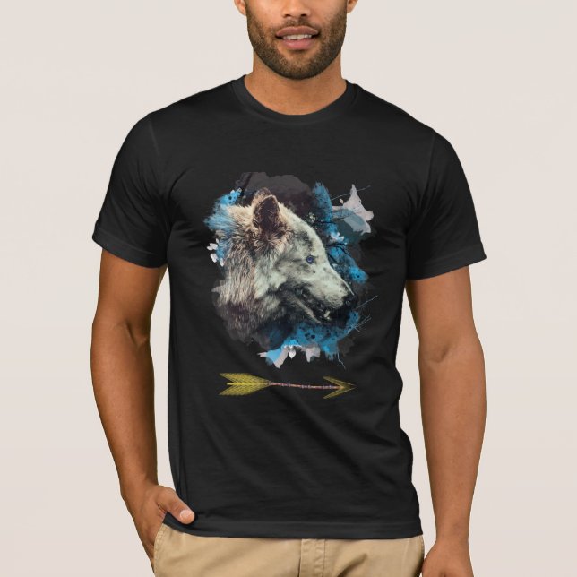 *~*  Grey Wolf Totem Blue Painting Boho T-Shirt (Front)