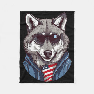 Grey Wolf With Patriotic Usa Flag American Indepen Fleece Blanket
