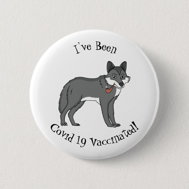 Grey wolf with pipe cartoon illustration 6 cm round badge (Front)