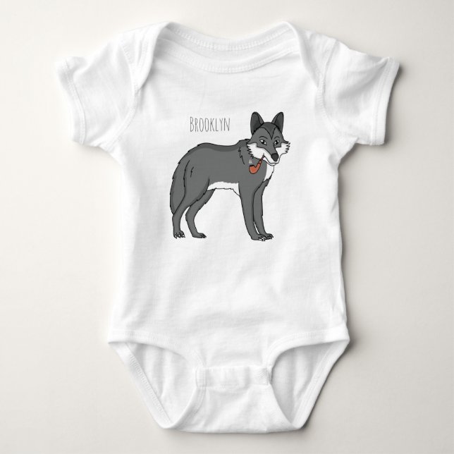 Grey wolf with pipe cartoon illustration baby bodysuit (Front)