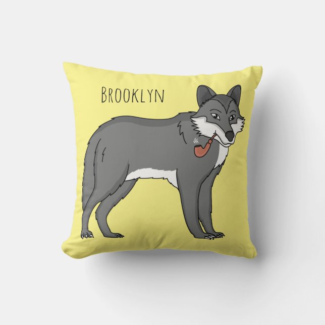 Grey wolf with pipe cartoon illustration cushion (Front)