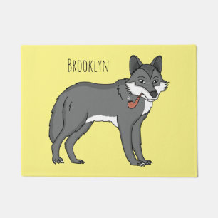 Grey wolf with pipe cartoon illustration doormat