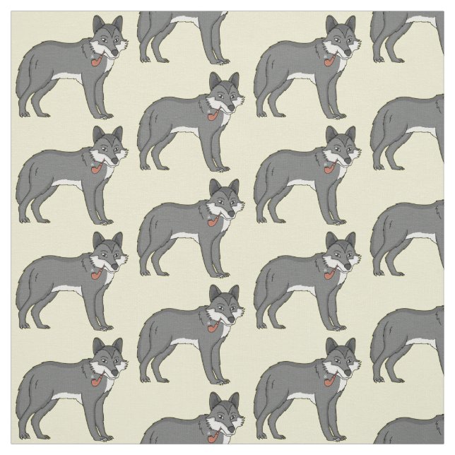 Grey wolf with pipe cartoon illustration fabric (Swatch)
