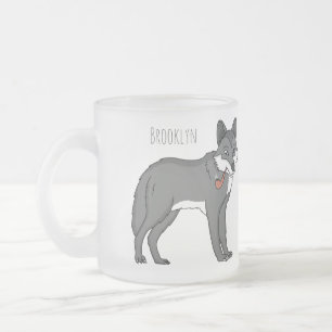 Grey wolf with pipe cartoon illustration frosted glass coffee mug