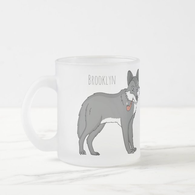 Grey wolf with pipe cartoon illustration frosted glass coffee mug (Left)