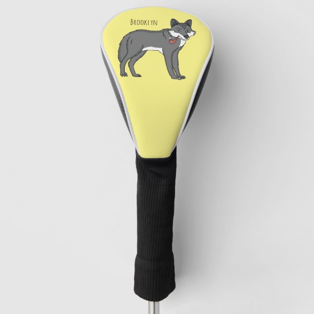 Grey wolf with pipe cartoon illustration golf head cover (Front)