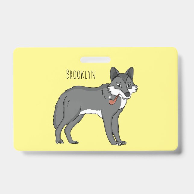 Grey wolf with pipe cartoon illustration ID badge (Front)