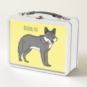 Grey wolf with pipe cartoon illustration metal lunch box