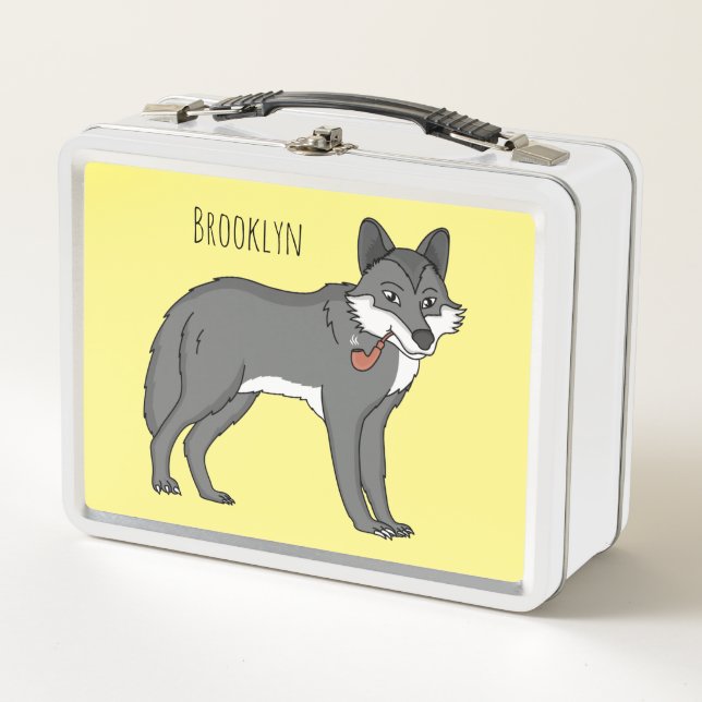 Grey wolf with pipe cartoon illustration metal lunch box (Front)
