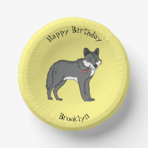 Grey wolf with pipe cartoon illustration paper plate