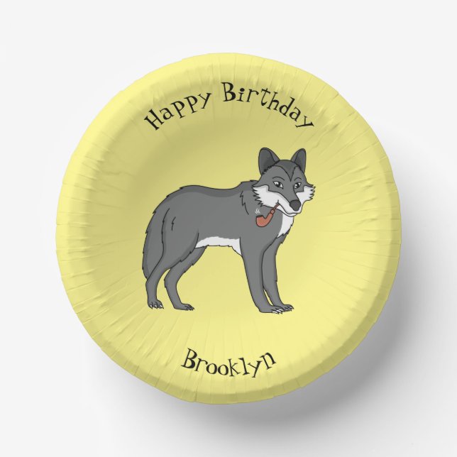 Grey wolf with pipe cartoon illustration paper plate (Front)