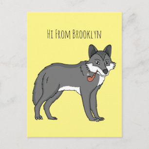 Grey wolf with pipe cartoon illustration postcard