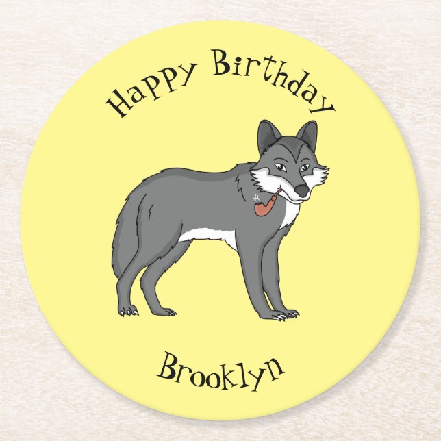 Grey wolf with pipe cartoon illustration round paper coaster (Front)