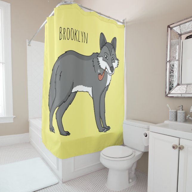 Grey wolf with pipe cartoon illustration shower curtain (In Situ)