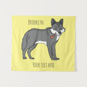 Grey wolf with pipe cartoon illustration tapestry