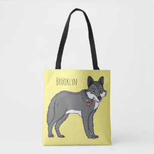 Grey wolf with pipe cartoon illustration  tote bag