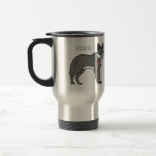 Grey wolf with pipe cartoon illustration travel mug