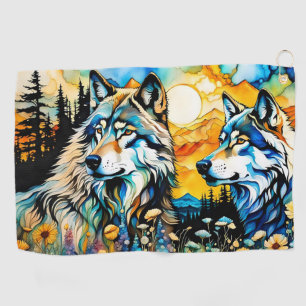 Grey wolves and Wildflowers Golf Towel