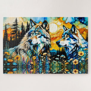 Grey wolves and Wildflowers Jigsaw Puzzle